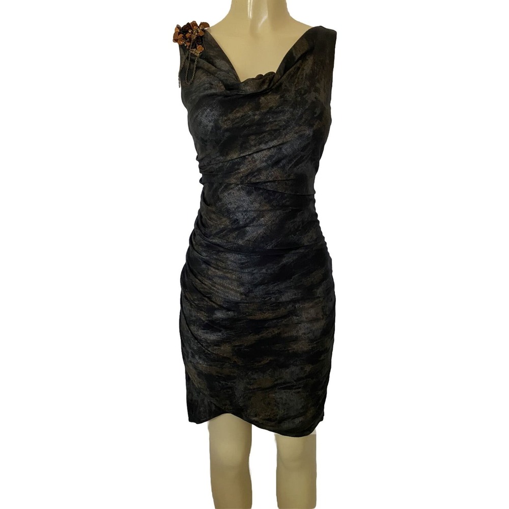 Mark James Badgley Mischka Mini Dress Sleeveless Ruched Black Bronze Dra…